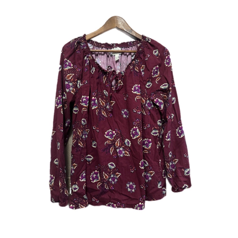 St. John's Bay Floral Peasant Blouse Womens L Burgundy Excellent Long Sleeve
